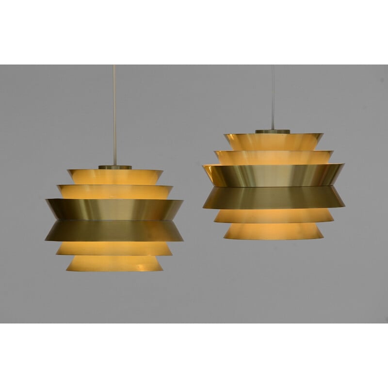 Pair of vintage pendant lights "Trava" in golden aluminium by Carl Thore for Granhaga Metallindustri, Sweden, 1970s