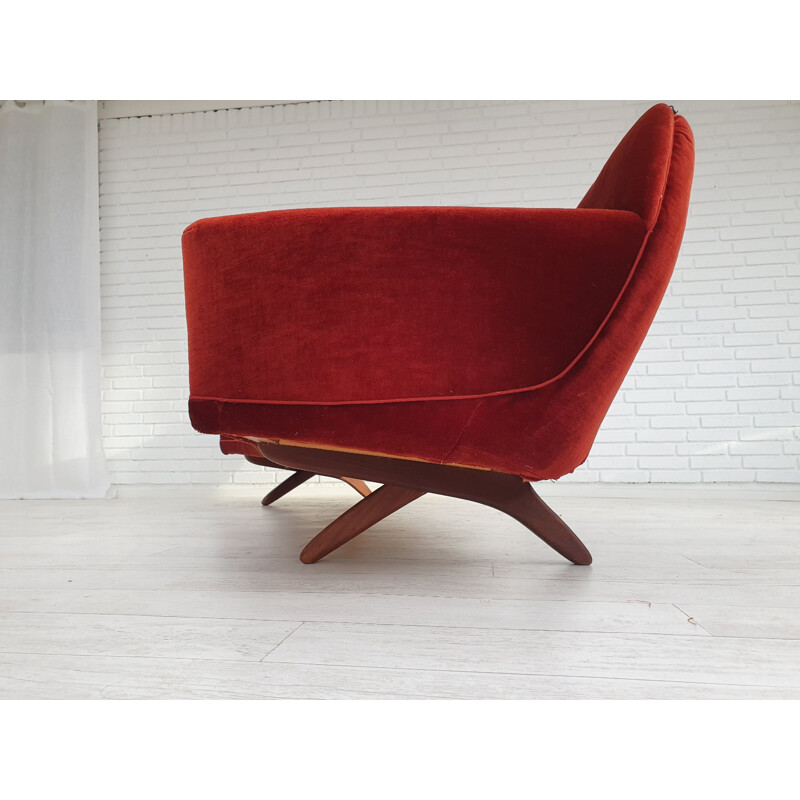 Vintage velvet and teak sofa by Leif Hansen, 1960s