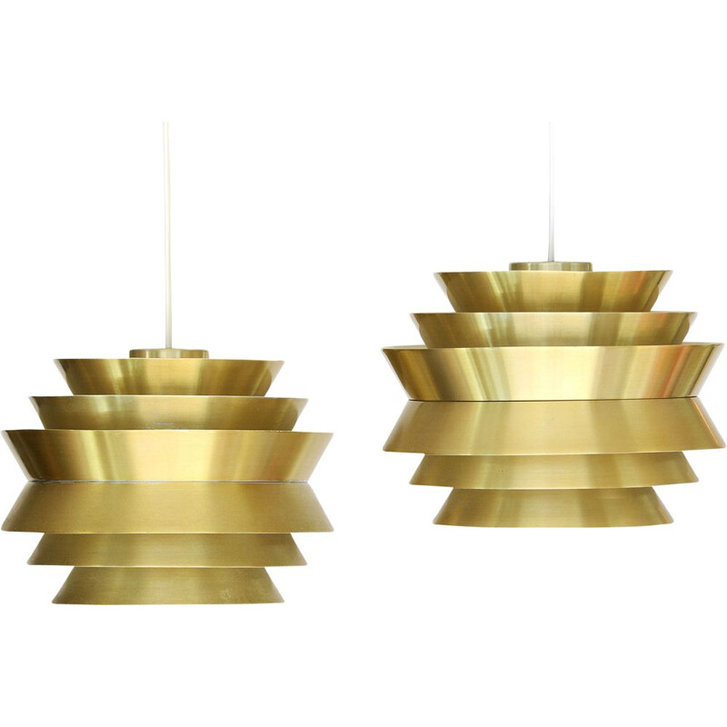 Pair of vintage pendant lights "Trava" in golden aluminium by Carl Thore for Granhaga Metallindustri, Sweden, 1970s