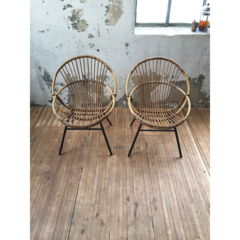 Ensemble de 2 fauteuils corbeille vintage en rotin
