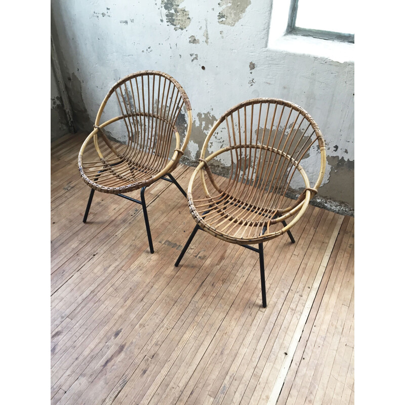 Ensemble de 2 fauteuils corbeille vintage en rotin