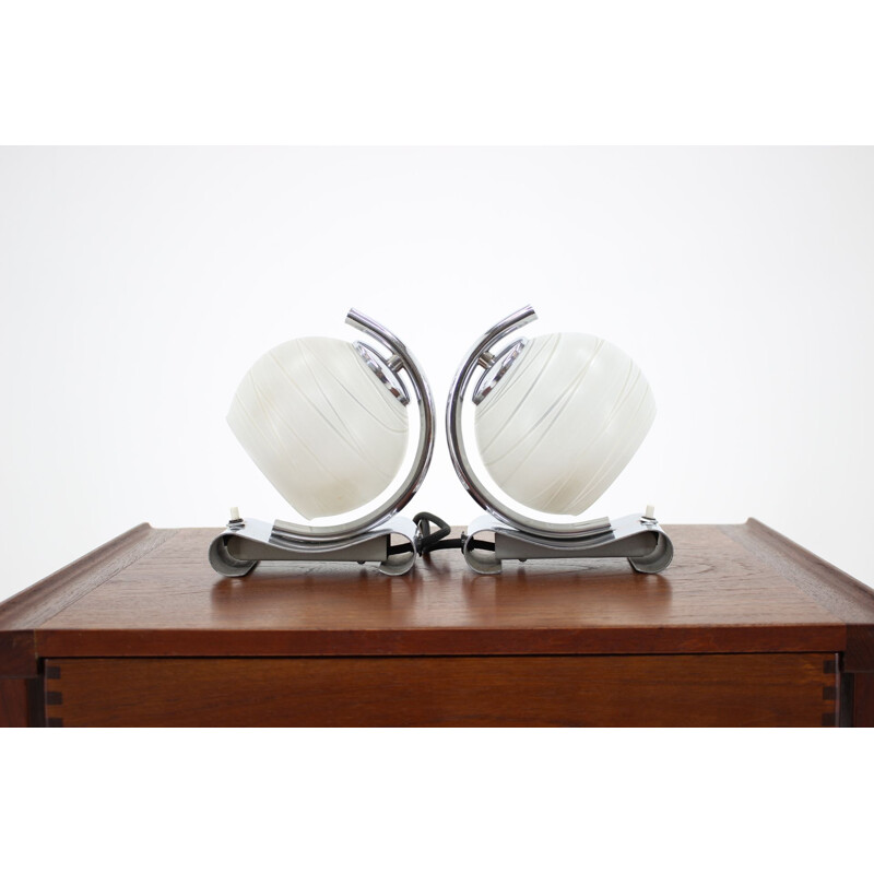 Pair of vintage Art Deco glass and metal table lamps by Napako, Czechoslovakia