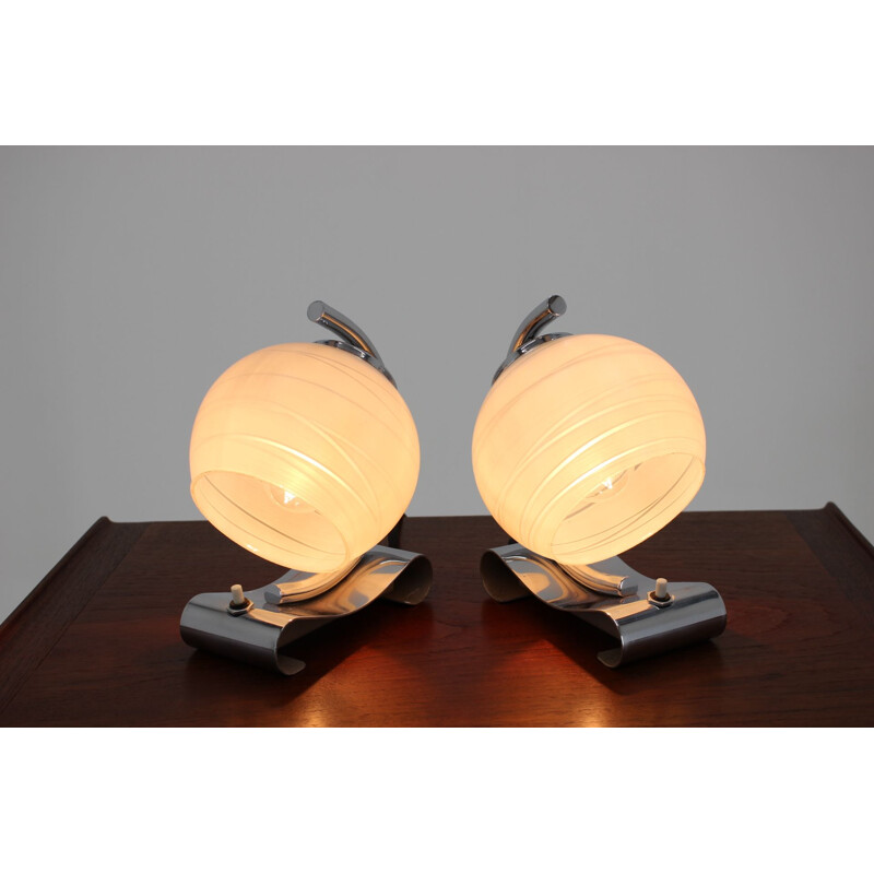 Pair of vintage Art Deco glass and metal table lamps by Napako, Czechoslovakia