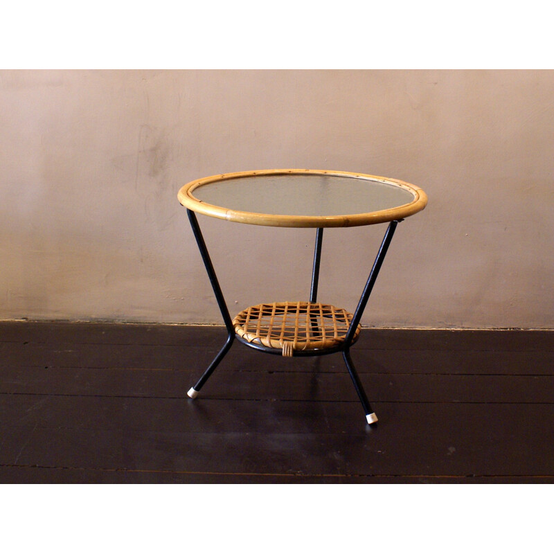 Coffee table in rattan, glass and metal, Dirk VAN SLIEDREGT - 1960s