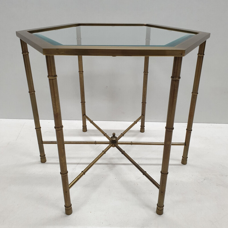 Table vintage en laiton, verre et bambou par Mastercraft, 1970