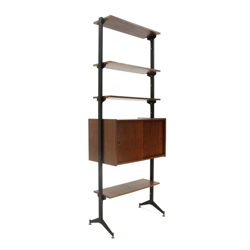 Vintage teak and black metal bookcase, Italy, 1960s