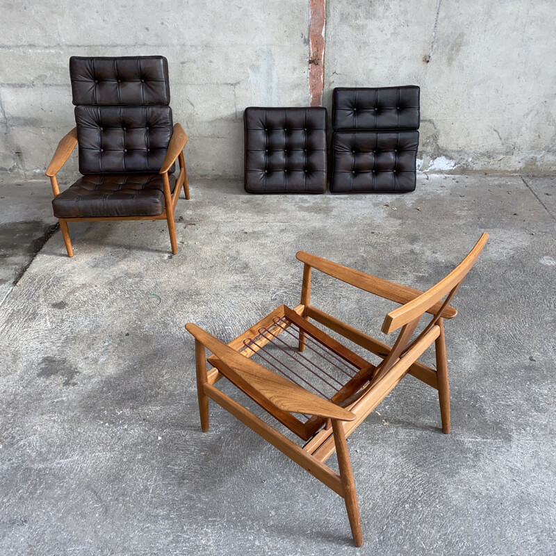 Pair of vintage leather armchairs FD164 by Arne Vodder for France & Søn, 1960s