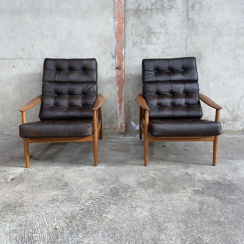 Pair of vintage leather armchairs FD164 by Arne Vodder for France & Søn, 1960s