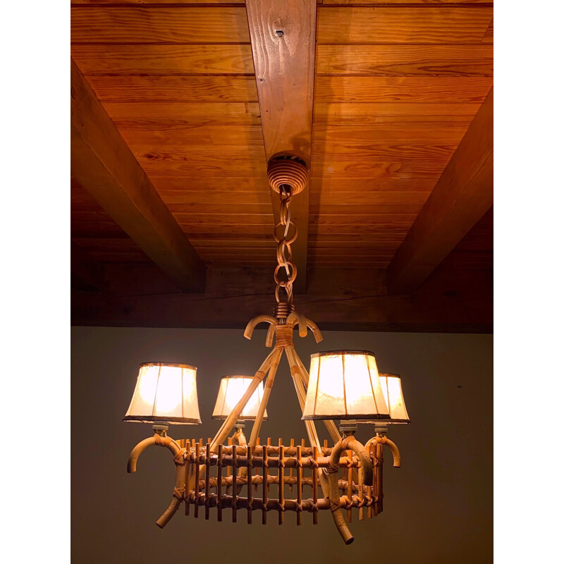 Vintage rattan and Bamboo Chandelier With Four Lights, 1960s