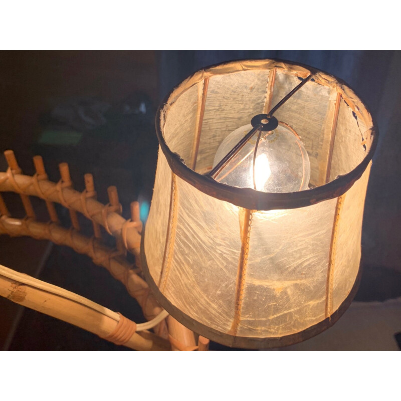 Vintage rattan and Bamboo Chandelier With Four Lights, 1960s