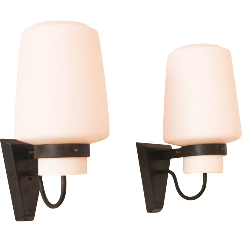 VVF pair of wall lamp in opaline and metal, Georges CANDILIS - 1960s