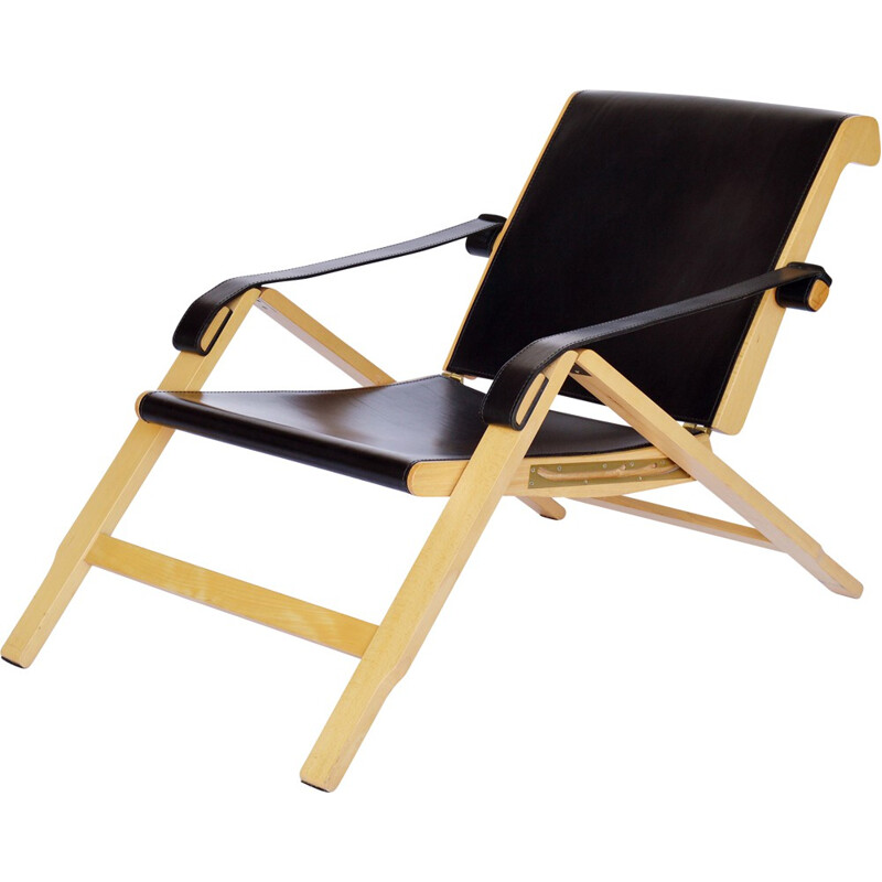 Armchair "Week End" in beech, leather and brass, Marco ZANUSO - 1994