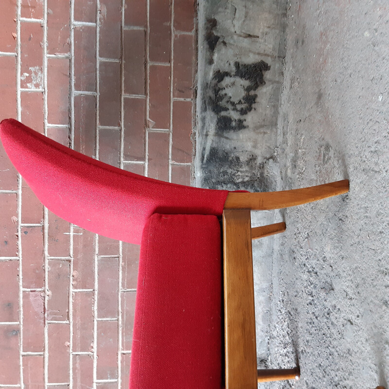 Parker Knoll vintage teak en rode stoffen fauteuil