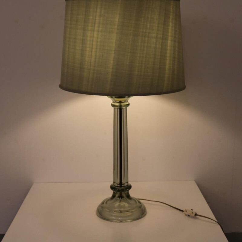 Vintage tafellamp in glas en grijze stof