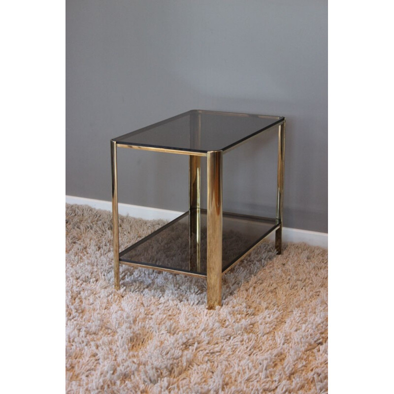 Vintage side table in bronze and tinted glass by Jacques Quinet for Broncz, 1960s