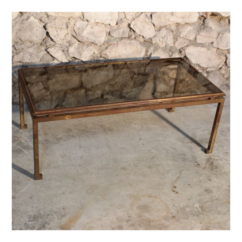 Table basse vintage en verre et fer forgé doré à la feuille par Henri Pouenat pour Maison Ramsay