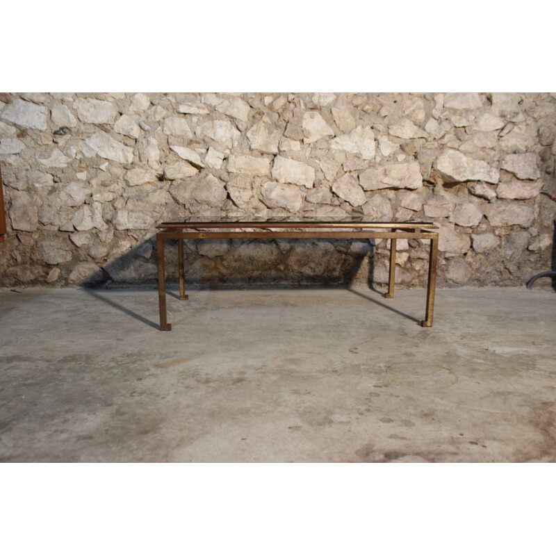 Vintage coffee table in glass and wrought iron gilded with leaf by Henri Pouenat for Maison Ramsay