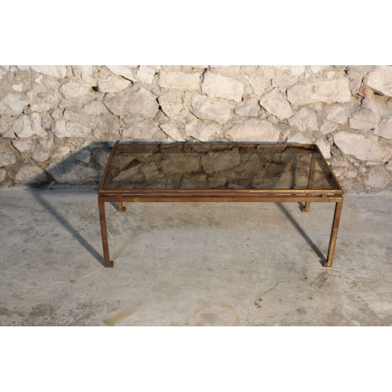 Vintage coffee table in glass and wrought iron gilded with leaf by Henri Pouenat for Maison Ramsay