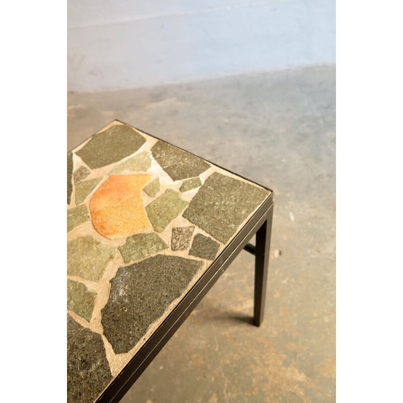 German vintage side table in stone and black metal 1970s