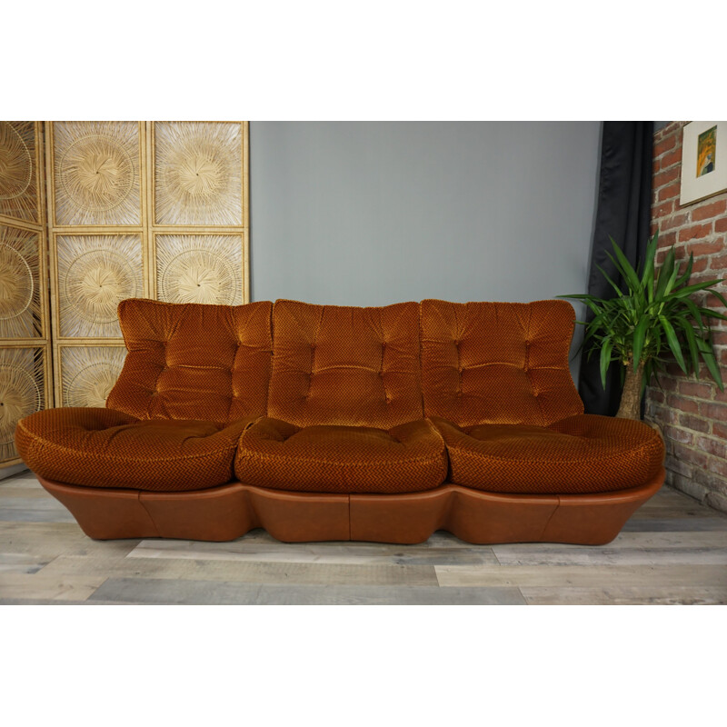 Vintage 3-seat sofa with cognac-coloured imitation leather, 1960