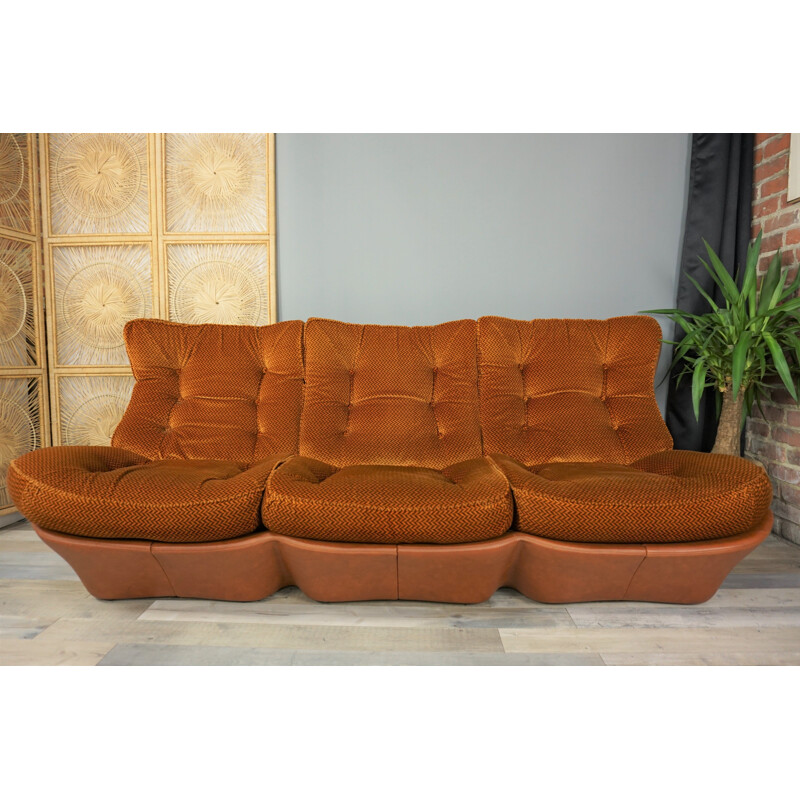 Vintage 3-seat sofa with cognac-coloured imitation leather, 1960