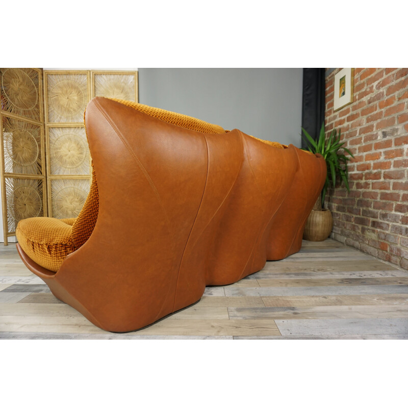 Vintage 3-seat sofa with cognac-coloured imitation leather, 1960