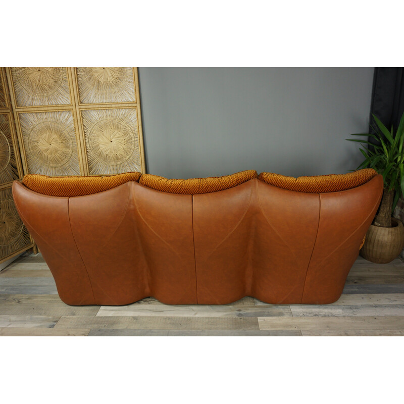 Vintage 3-seat sofa with cognac-coloured imitation leather, 1960