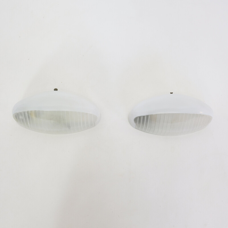 Pair of vintage sconces in opaline glass and Holophane, 1950