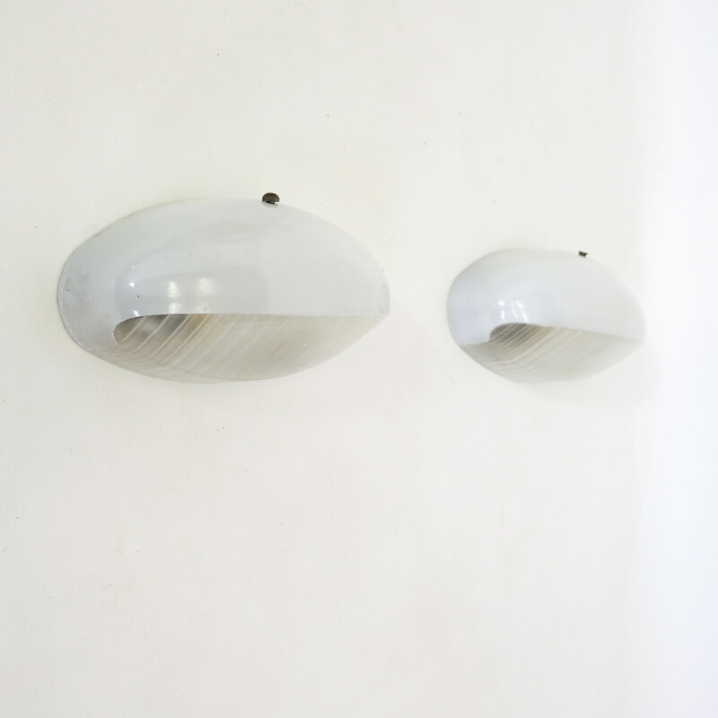 Pair of vintage sconces in opaline glass and Holophane, 1950