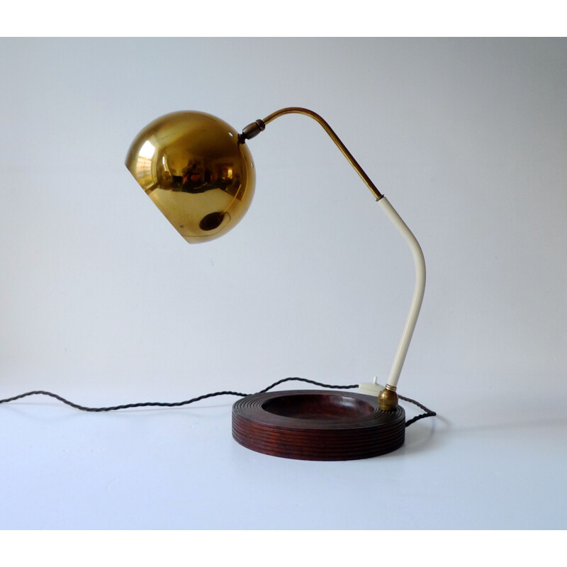 Vintage modernist table lamp in brass and burl, Italy 1950