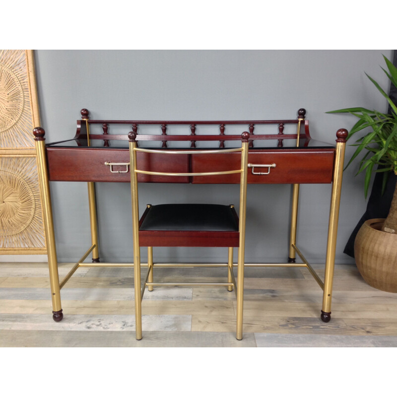 Wood and glass desk and its vintage chair by Gautier 1970