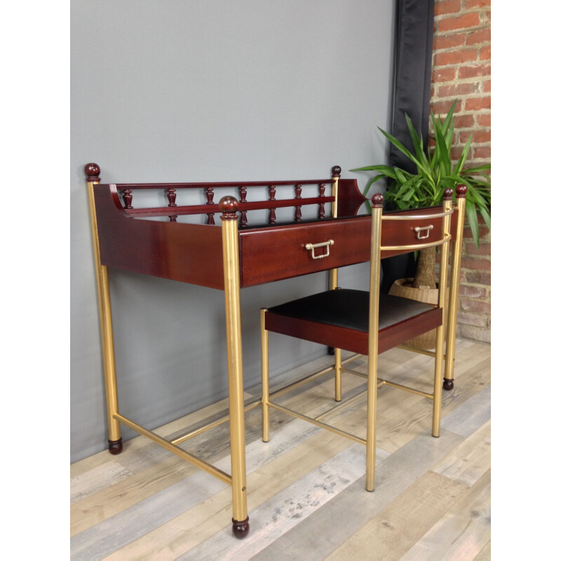 Wood and glass desk and its vintage chair by Gautier 1970