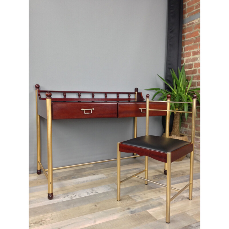 Wood and glass desk and its vintage chair by Gautier 1970