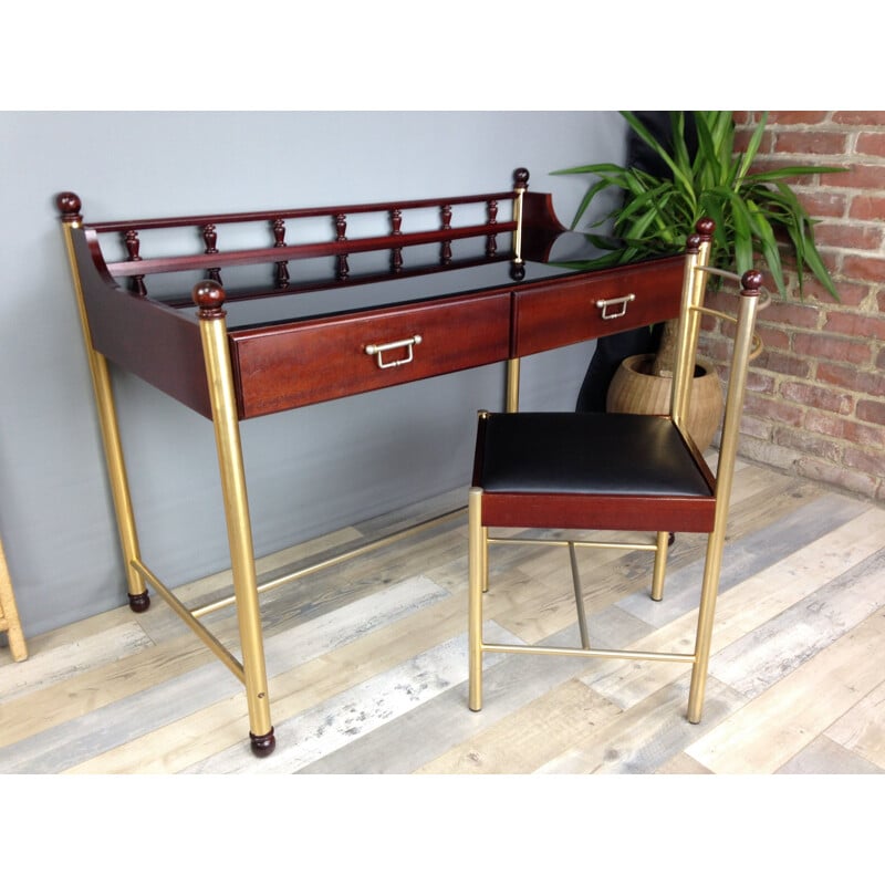 Bureau en bois et verre et sa chaise vintage par Gautier 1970