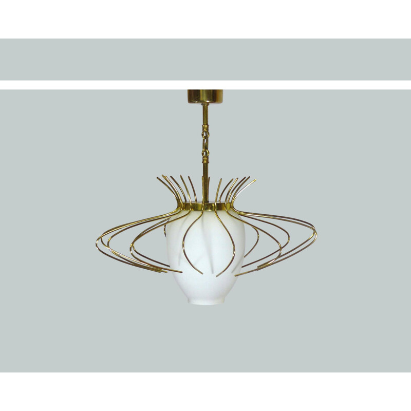 Vintage hanging lamp in opaline glass and brass hoops 