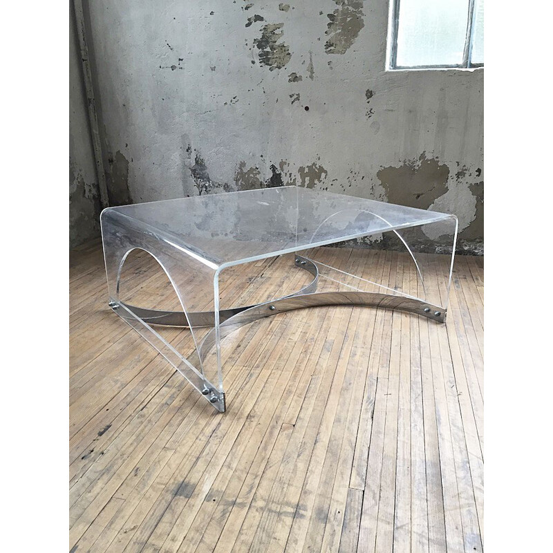 Table basse vintage en plexiglass et lucite transparent, 1970s
