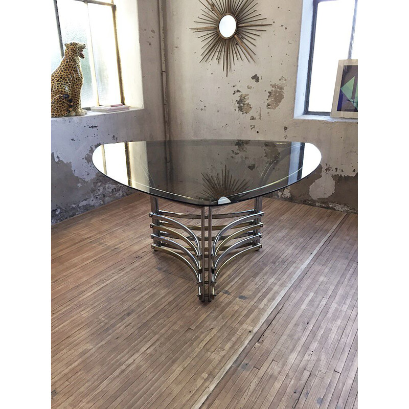 Vintage dining table in smoked glass and chromed metal, Italy, 1970