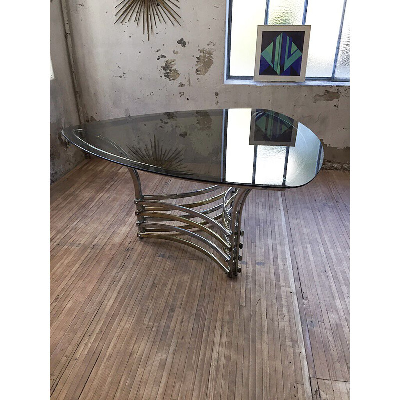 Vintage dining table in smoked glass and chromed metal, Italy, 1970