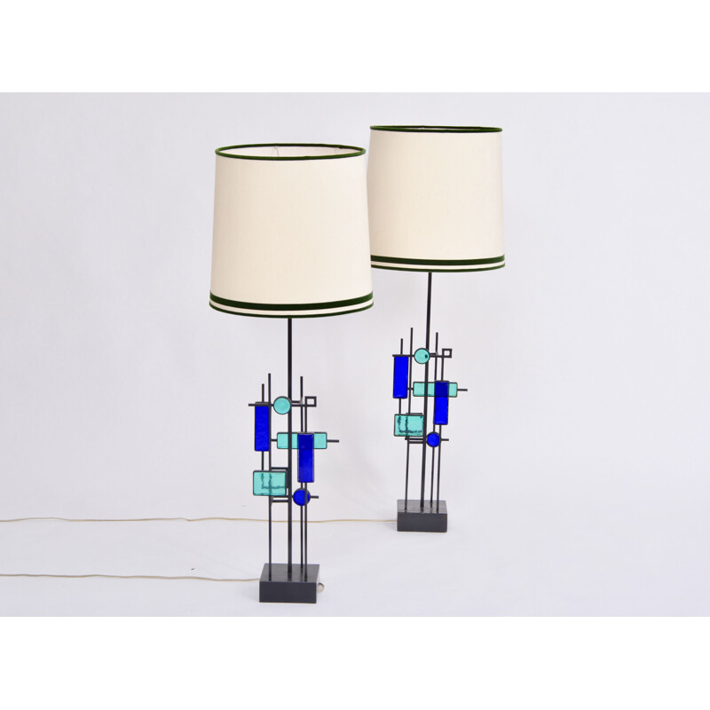 Paar hoge vintage ijzeren en glazen tafellampen van Svend Aage Holm Sorensen