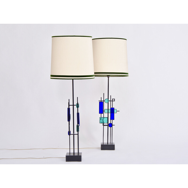 Paar hoge vintage ijzeren en glazen tafellampen van Svend Aage Holm Sorensen