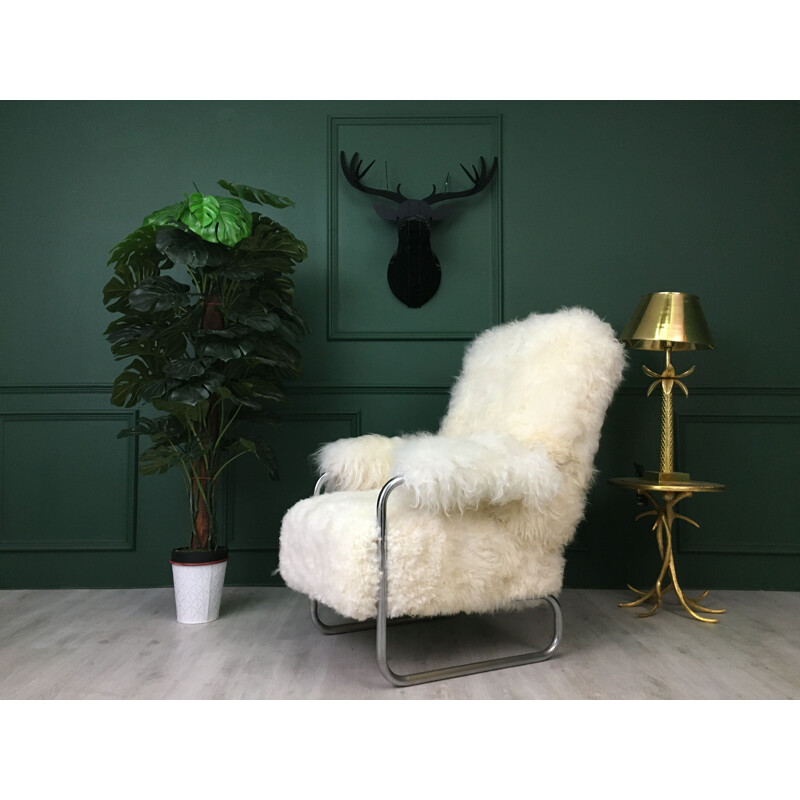 Vintage white sheepskin metal fluffy fury chair 