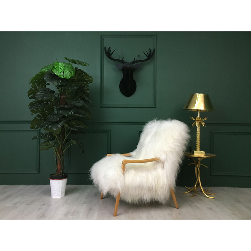 Vintage white sheepskin armchair