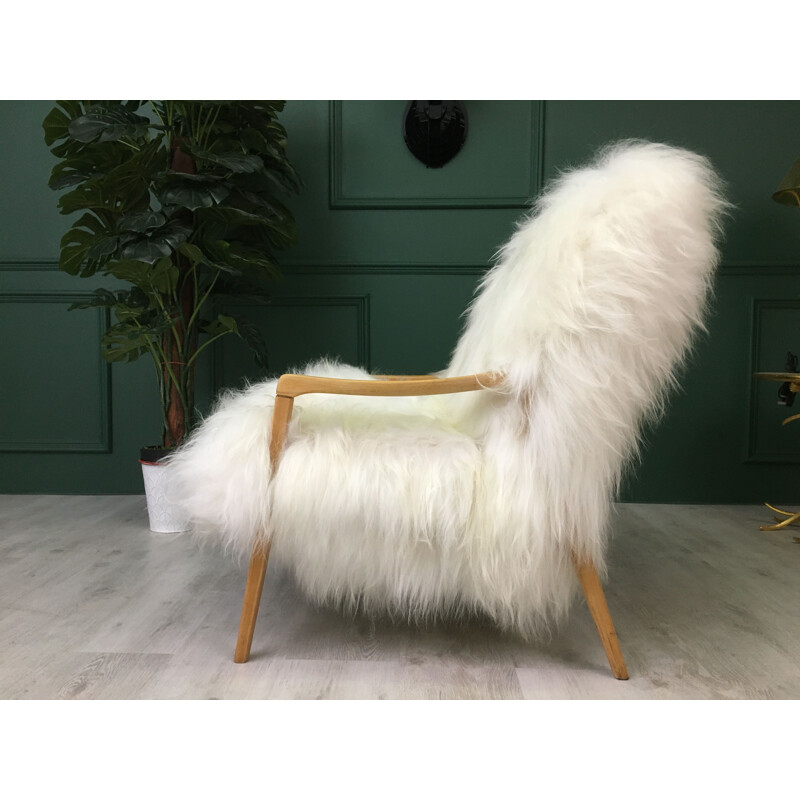 Vintage white sheepskin armchair