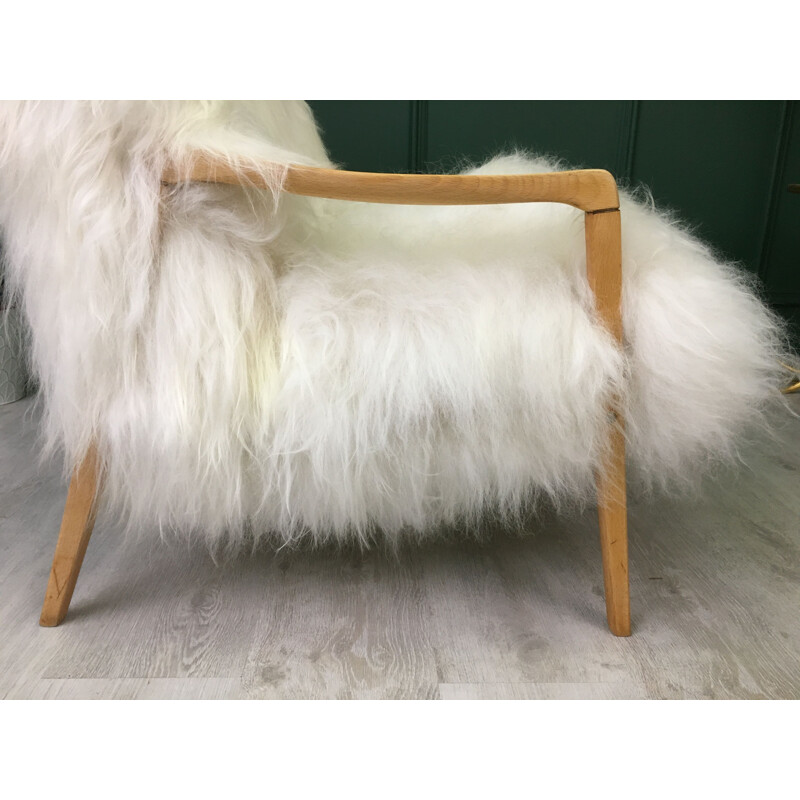 Vintage white sheepskin armchair