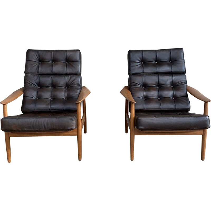 Pair of vintage leather armchairs FD164 by Arne Vodder for France & Søn, 1960s