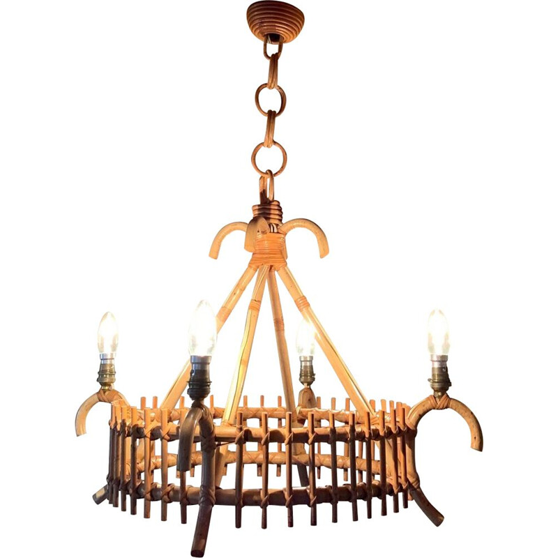 Vintage rattan and Bamboo Chandelier With Four Lights, 1960s