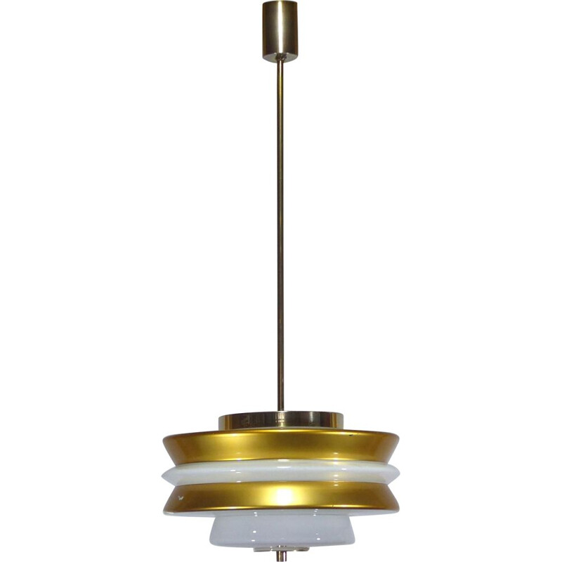 Vintage white and gold opaline pendant lamp, 1960-70s