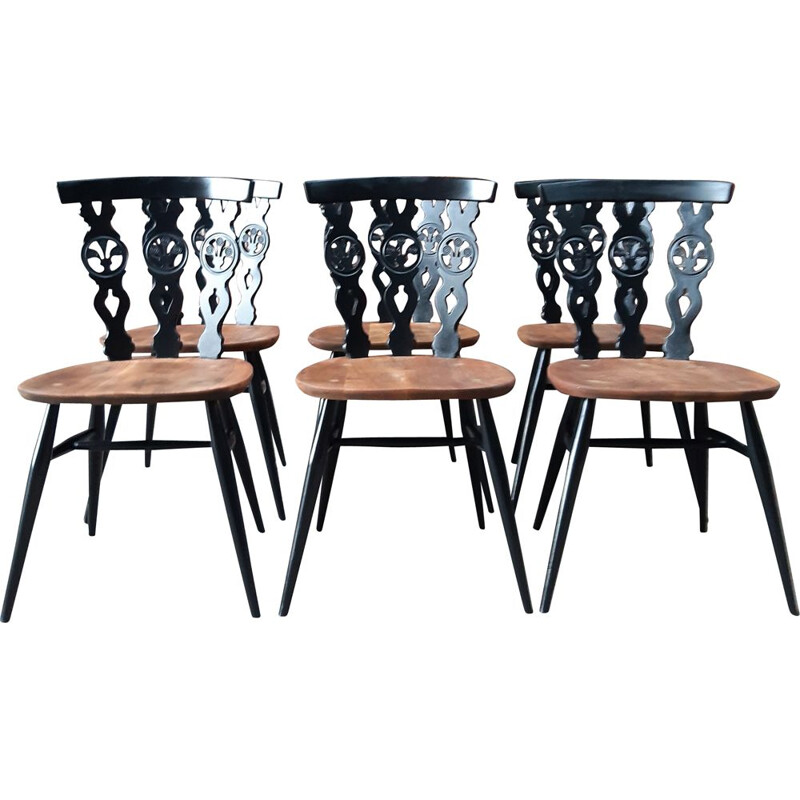 Set of 6 vintage Fleur De Lye Dining Chairs by Ercol