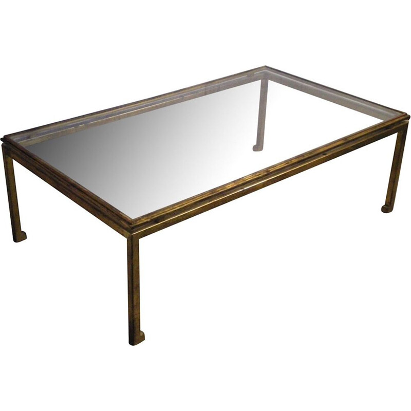Table basse vintage en verre et fer forgé doré à la feuille par Henri Pouenat pour Maison Ramsay