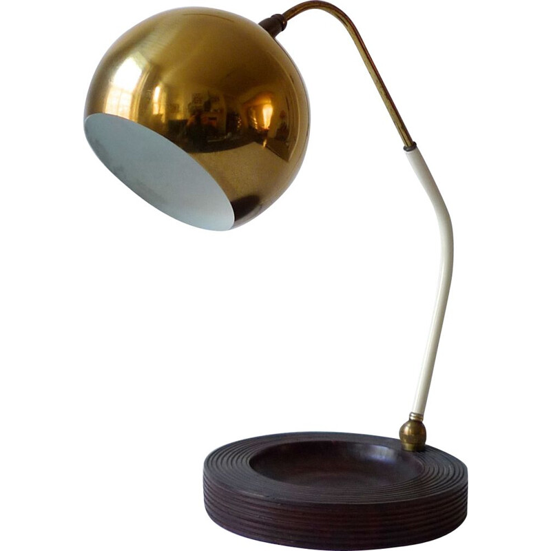 Vintage modernist table lamp in brass and burl, Italy 1950